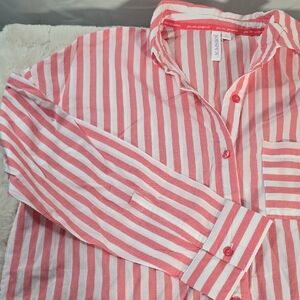 Lands' End Women's Red and White Striped Button Down Shirt